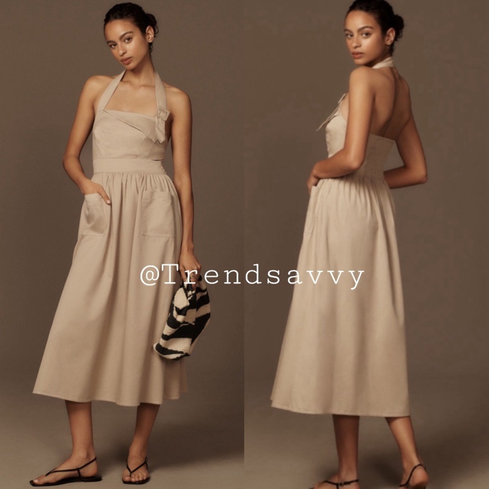 Anthropologie Porridge Taupe Halter Midi Dress Utility Pockets Vacation Resort S